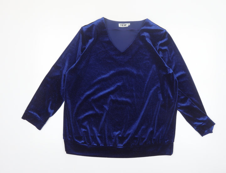 YEW Women's Blue Velvet Long Sleeve V-Neck Blouse Size L