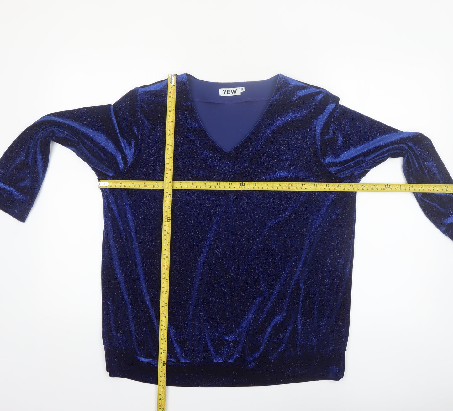 YEW Women's Blue Velvet Long Sleeve V-Neck Blouse Size L