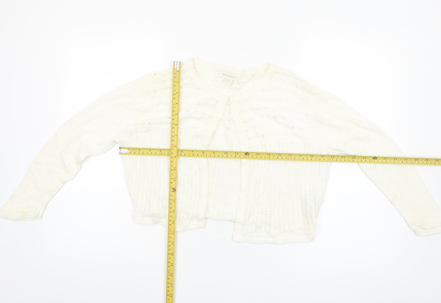 Monsoon Women’s Ivory Knit Cardigan UK 14 Crew Neck Open Knit