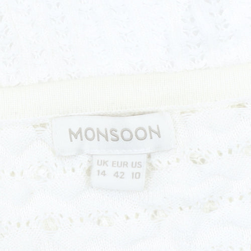 Monsoon Women’s Ivory Knit Cardigan UK 14 Crew Neck Open Knit