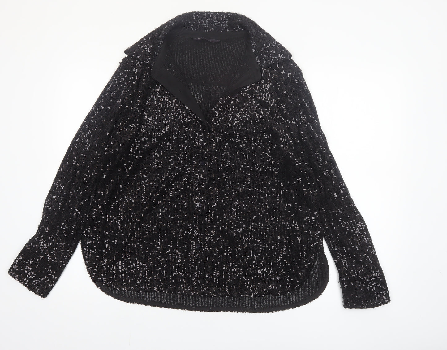 Marks and Spencer Women’s Black Sequin Button-Up Long Sleeve Top Size 16