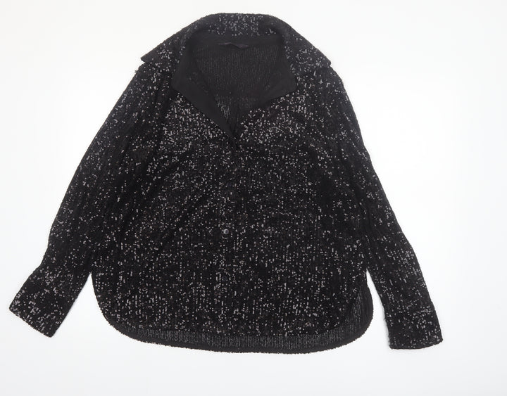 Marks and Spencer Women’s Black Sequin Button-Up Long Sleeve Top Size 16