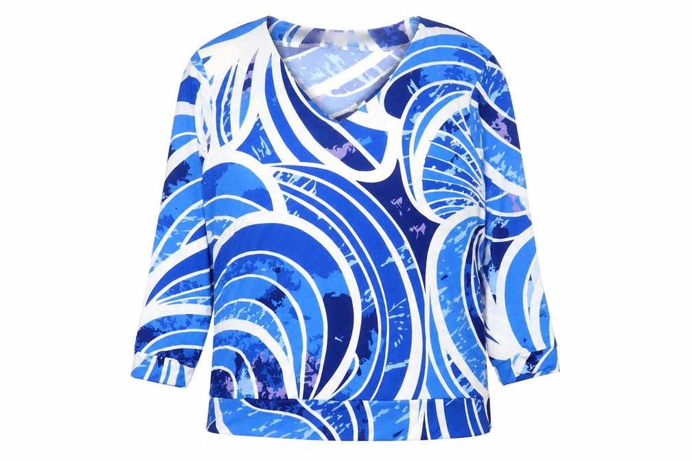Front view of Gerard Women's Blue Geometric V-Neck Long Sleeve Tunic Blouse, size 12