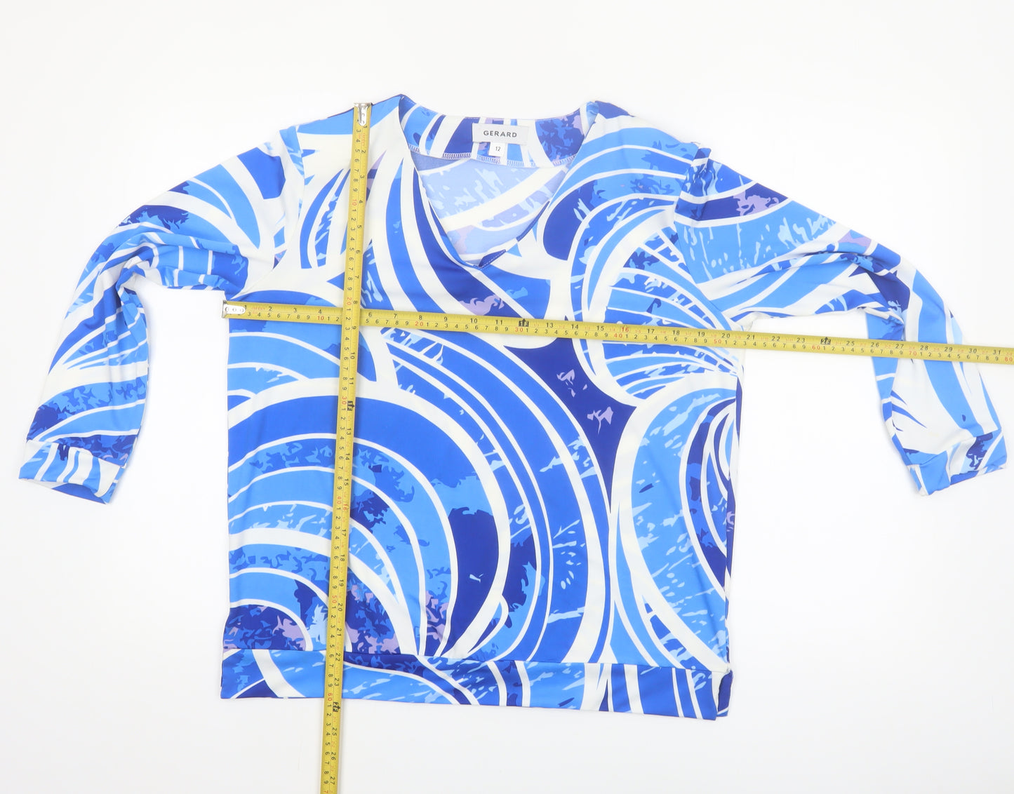 Gerard Women's Blue Geometric V-Neck Long Sleeve Tunic Blouse Size 12