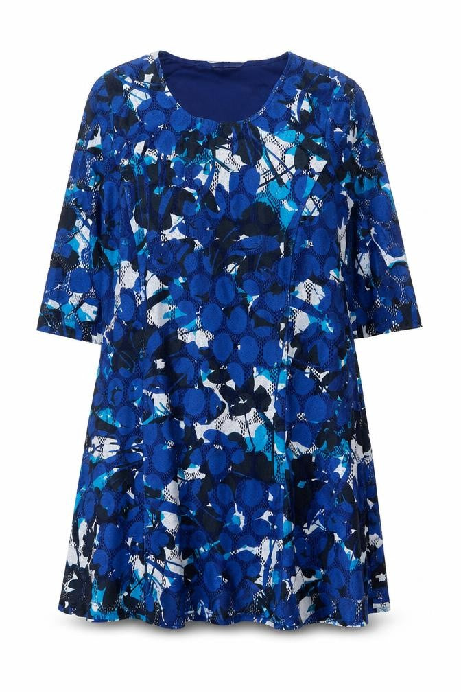Front view of Via Veneto Women's Blue Geometric A-Line Dress, size 18