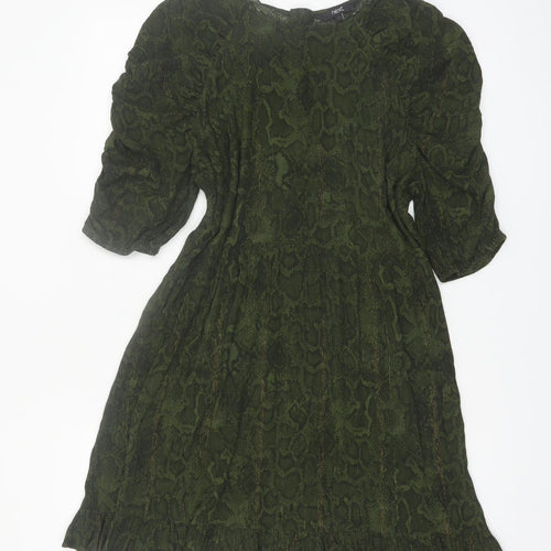Next Women Green Animal Print A-Line Puff Sleeve Knee Length Dress Size 12