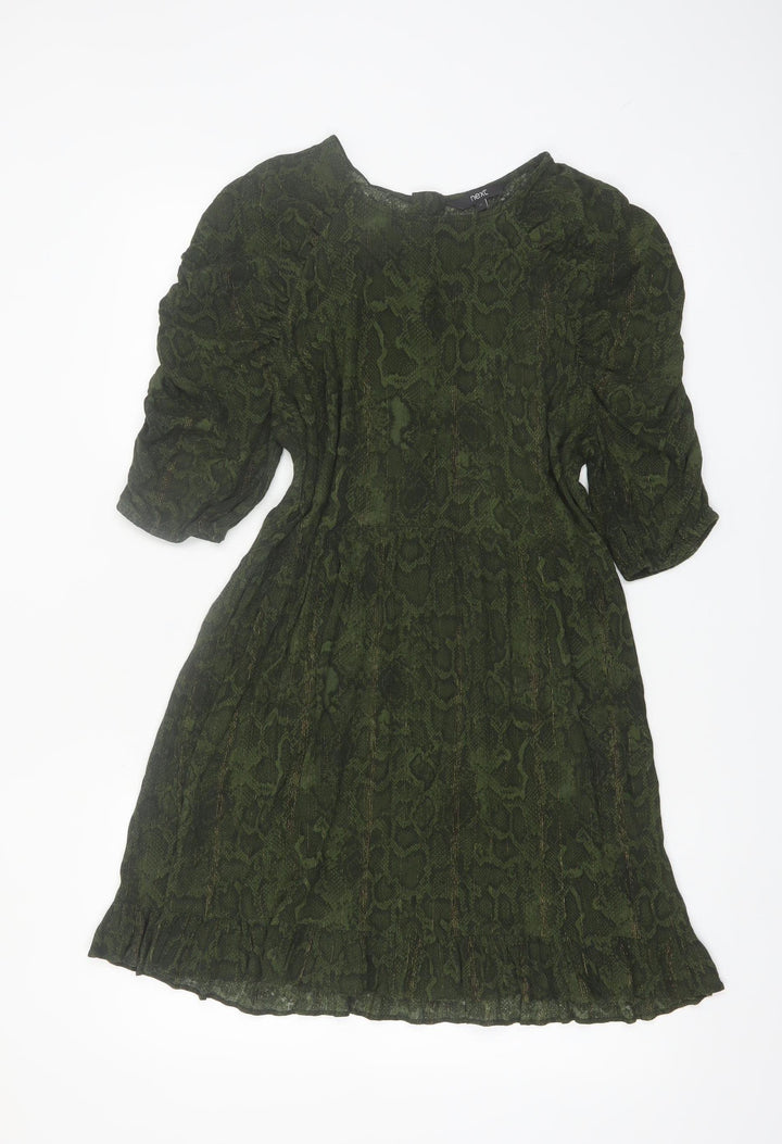 Next Women Green Animal Print A-Line Puff Sleeve Knee Length Dress Size 12