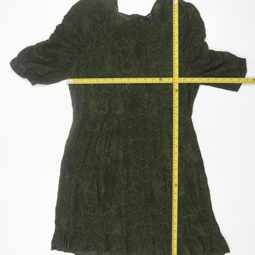 Next Women Green Animal Print A-Line Puff Sleeve Knee Length Dress Size 12