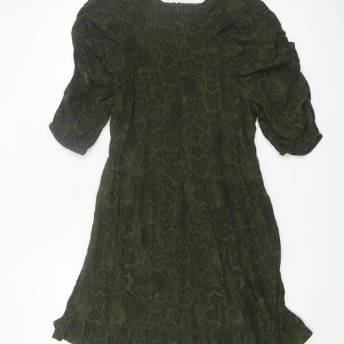 Next Women Green Animal Print A-Line Puff Sleeve Knee Length Dress Size 12