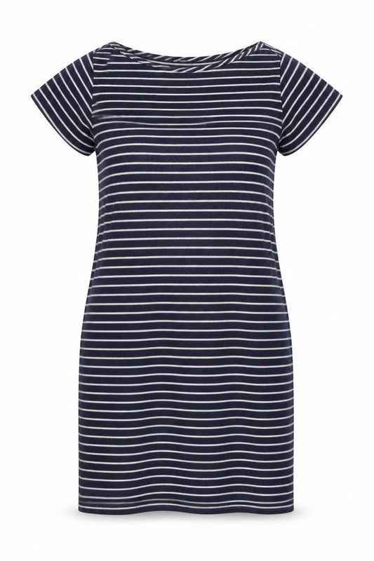 Front view of Jigsaw Women Blue Striped Cotton T-Shirt Dress M