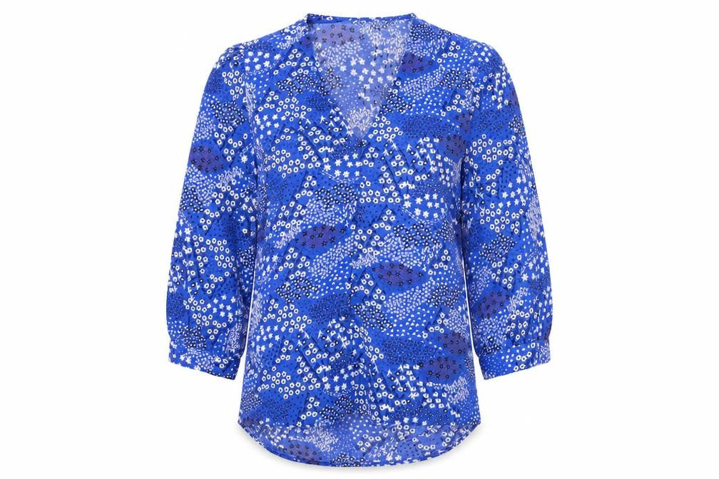 Front view of Emily & Me Women Blue Floral Wrap Blouse, size 8