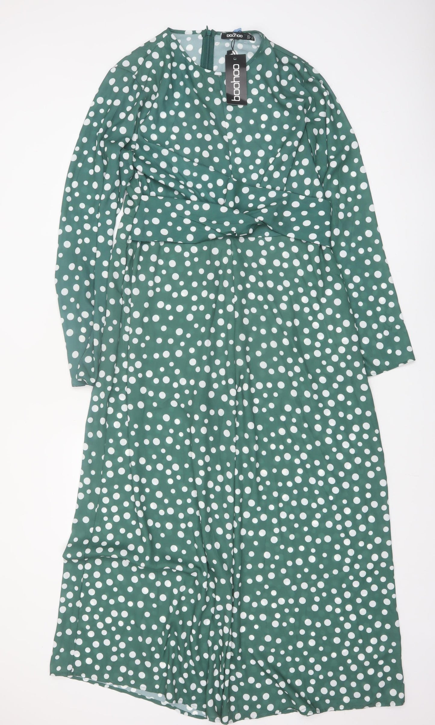 Boohoo Women's Green Polka Dot Long Sleeve Jumpsuit Size 14