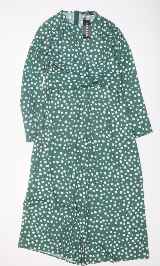 Boohoo Women's Green Polka Dot Long Sleeve Jumpsuit Size 14