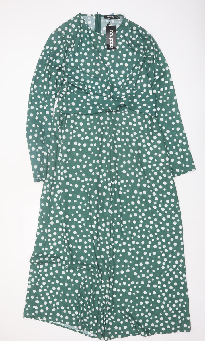 Boohoo Women's Green Polka Dot Long Sleeve Jumpsuit Size 14