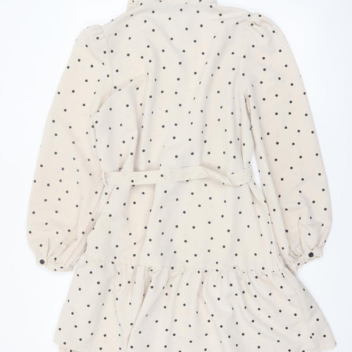 New Look Women Beige Polka Dot Shirt Dress Size 12 Long Sleeve Belted