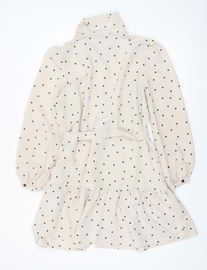 New Look Women Beige Polka Dot Shirt Dress Size 12 Long Sleeve Belted