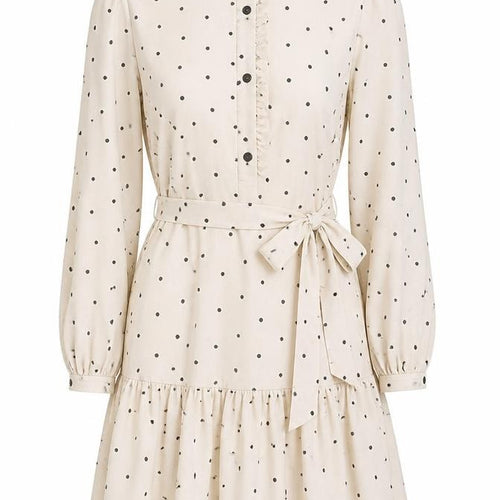New Look Women Beige Polka Dot Shirt Dress Size 12 Long Sleeve Belted