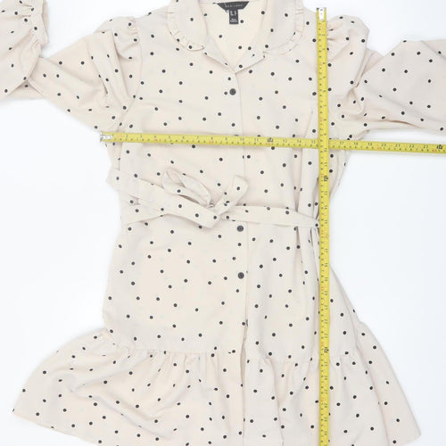 New Look Women Beige Polka Dot Shirt Dress Size 12 Long Sleeve Belted