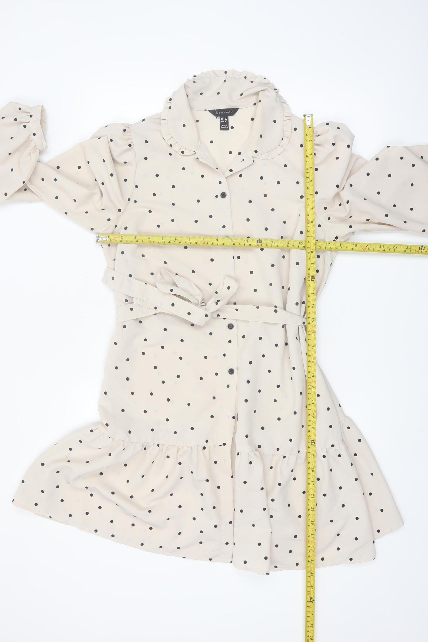 New Look Women Beige Polka Dot Shirt Dress Size 12 Long Sleeve Belted