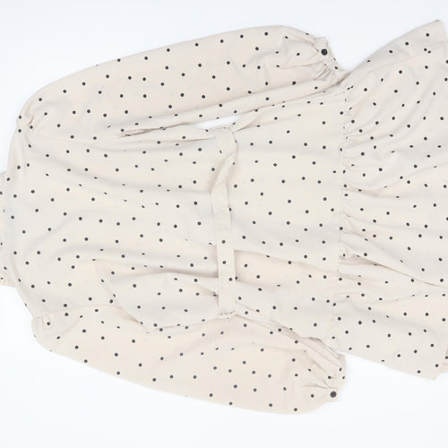 New Look Women Beige Polka Dot Shirt Dress Size 12 Long Sleeve Belted