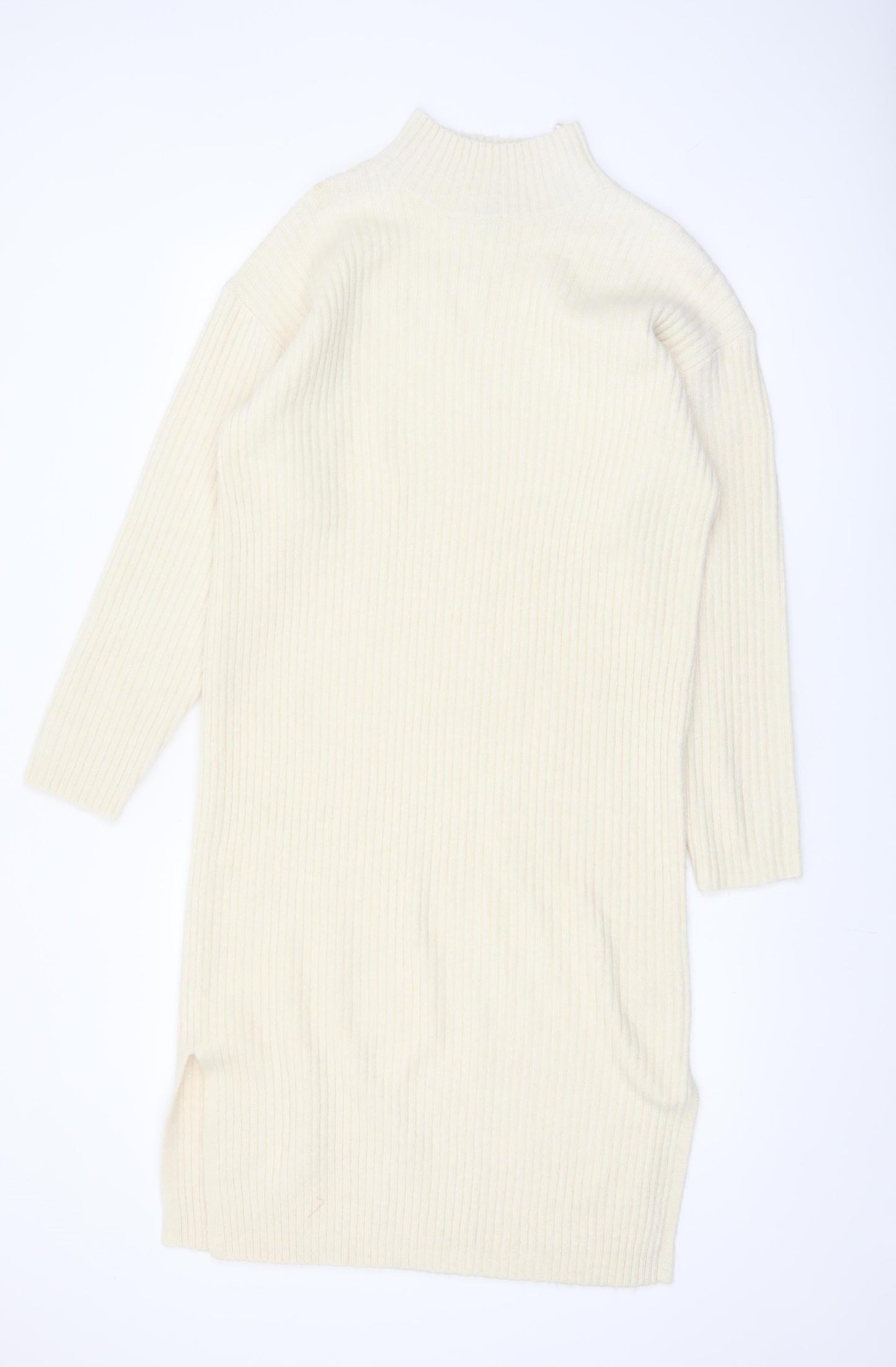 New Look Women Ivory Knit Jumper Dress M High Neck Long Sleeve