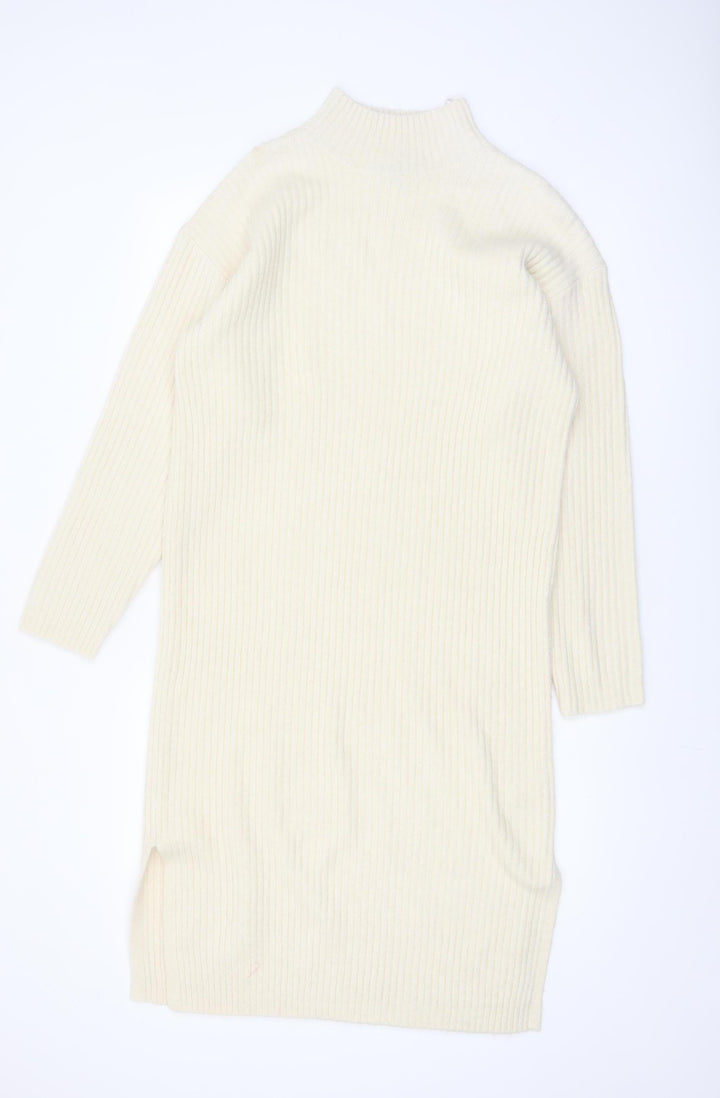 New Look Women Ivory Knit Jumper Dress M High Neck Long Sleeve