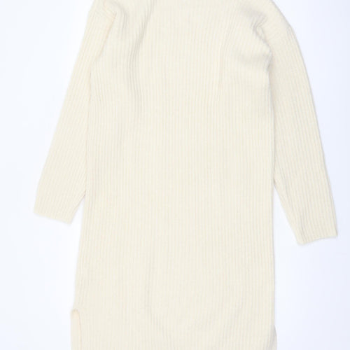 New Look Women Ivory Knit Jumper Dress M High Neck Long Sleeve