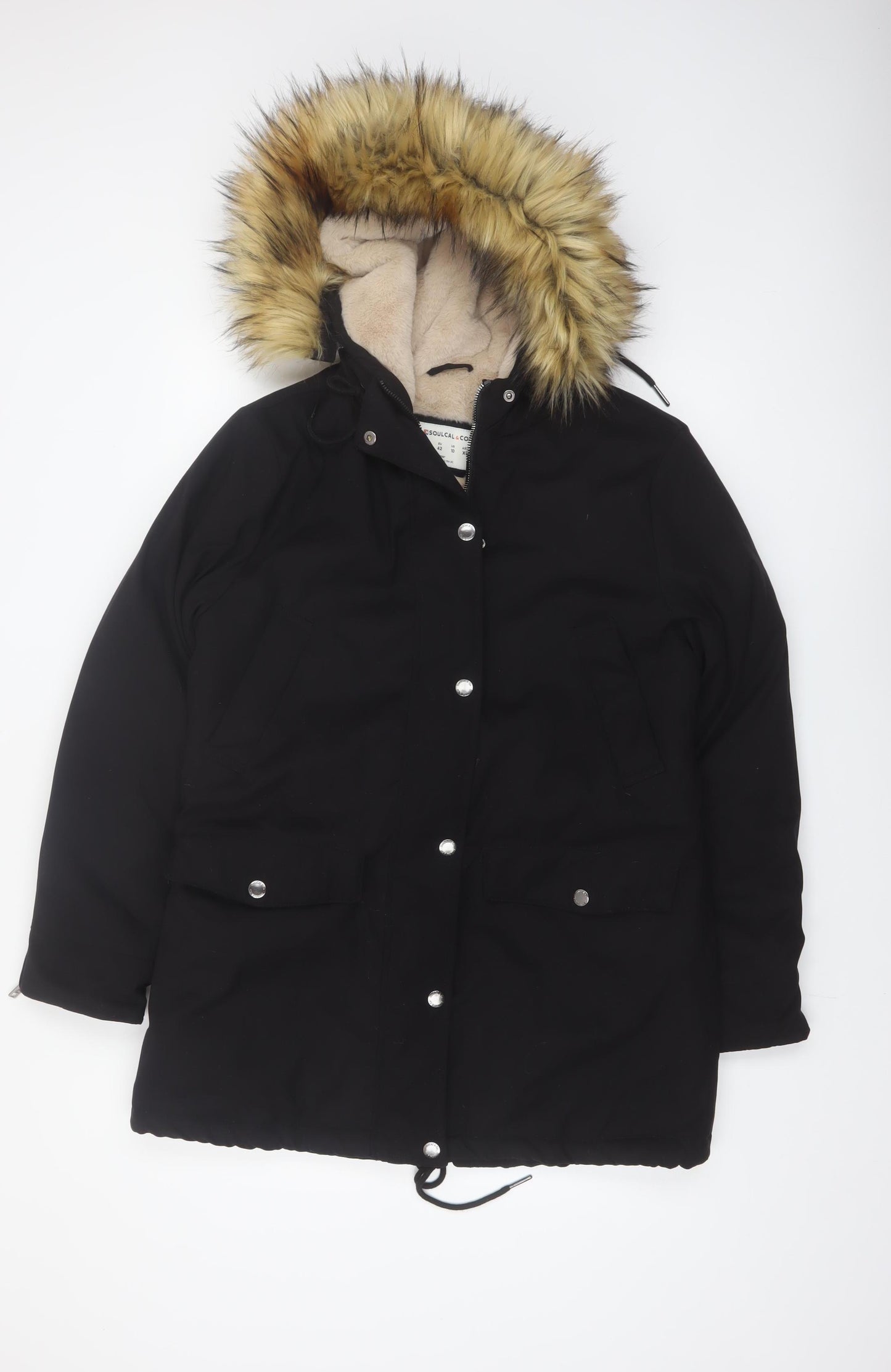 Soulcal & Co Women's Black Faux Fur Hooded Parka Coat Size 14