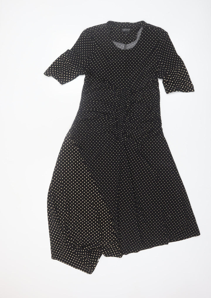 Topshop Womens Black Polka Dot Midi Fit & Flare Dress Size 10