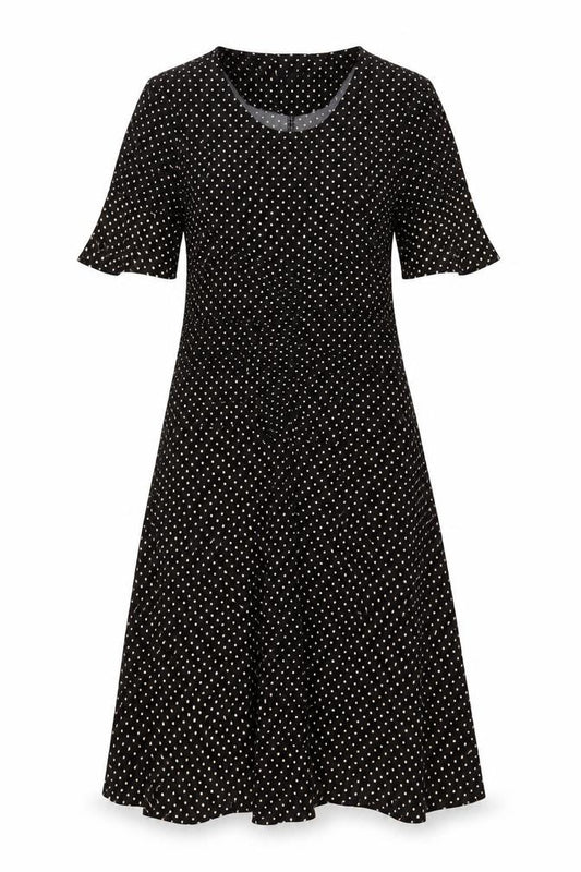 Front view of Topshop women’s black polka dot midi fit & flare dress, size UK 10