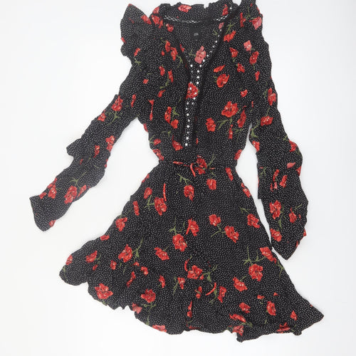 River Island Women Black Floral Polka Dot Fit & Flare Dress Size 12