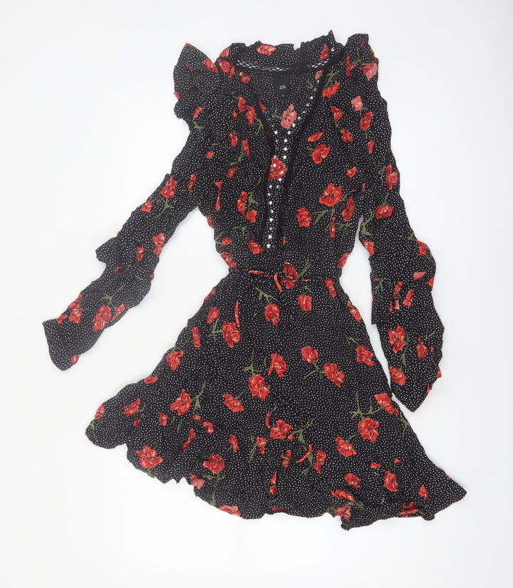 River Island Women Black Floral Polka Dot Fit & Flare Dress Size 12
