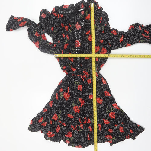 River Island Women Black Floral Polka Dot Fit & Flare Dress Size 12