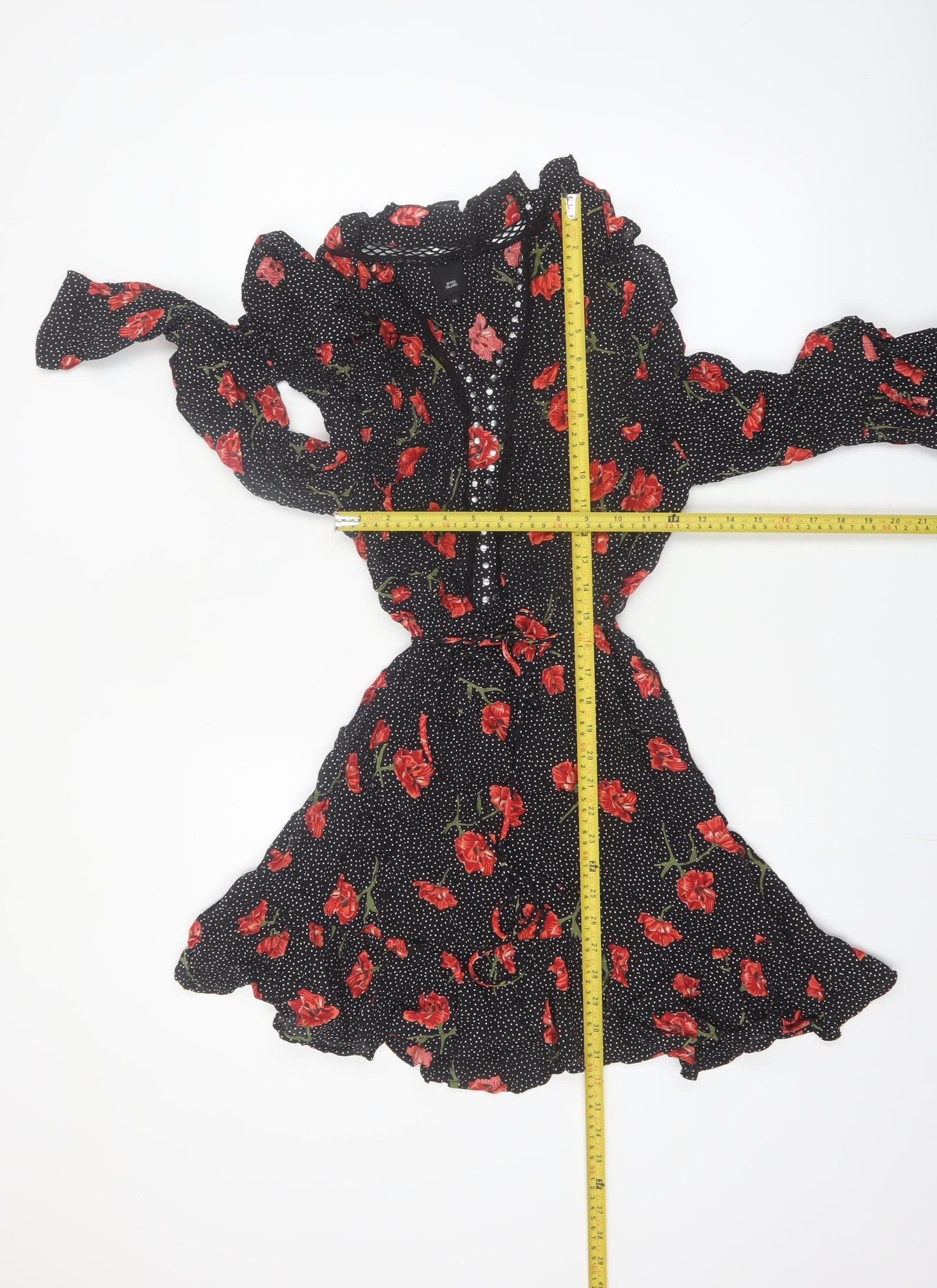 River Island Women Black Floral Polka Dot Fit & Flare Dress Size 12
