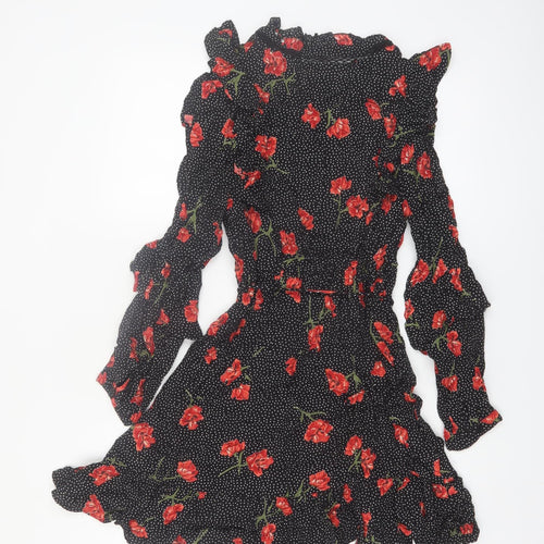 River Island Women Black Floral Polka Dot Fit & Flare Dress Size 12