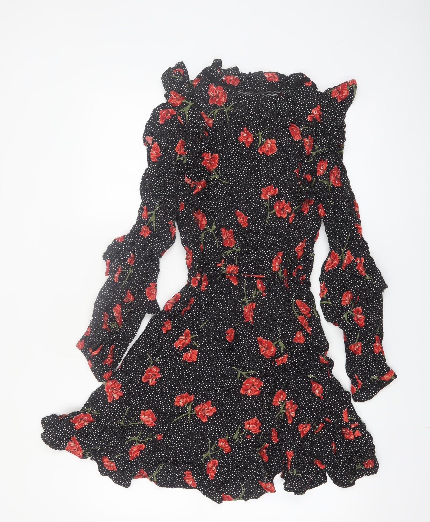 River Island Women Black Floral Polka Dot Fit & Flare Dress Size 12