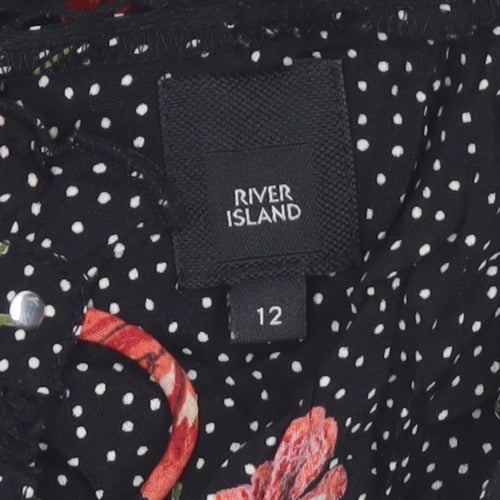 River Island Women Black Floral Polka Dot Fit & Flare Dress Size 12