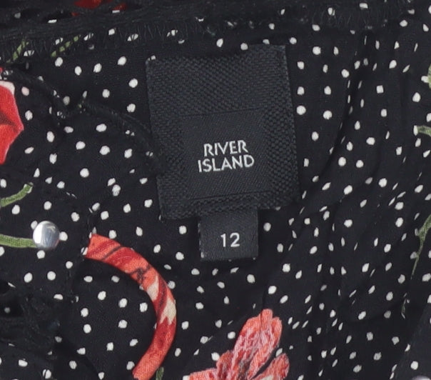 River Island Women Black Floral Polka Dot Fit & Flare Dress Size 12