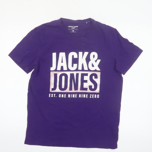 Jack & Jones Men's Purple Graphic Print Cotton Crew Neck T-Shirt L