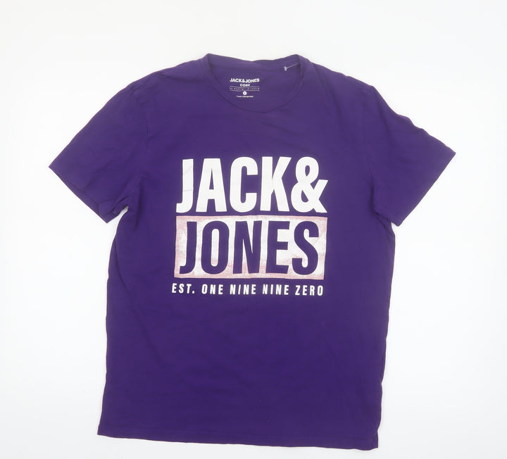 Jack & Jones Men's Purple Graphic Print Cotton Crew Neck T-Shirt L