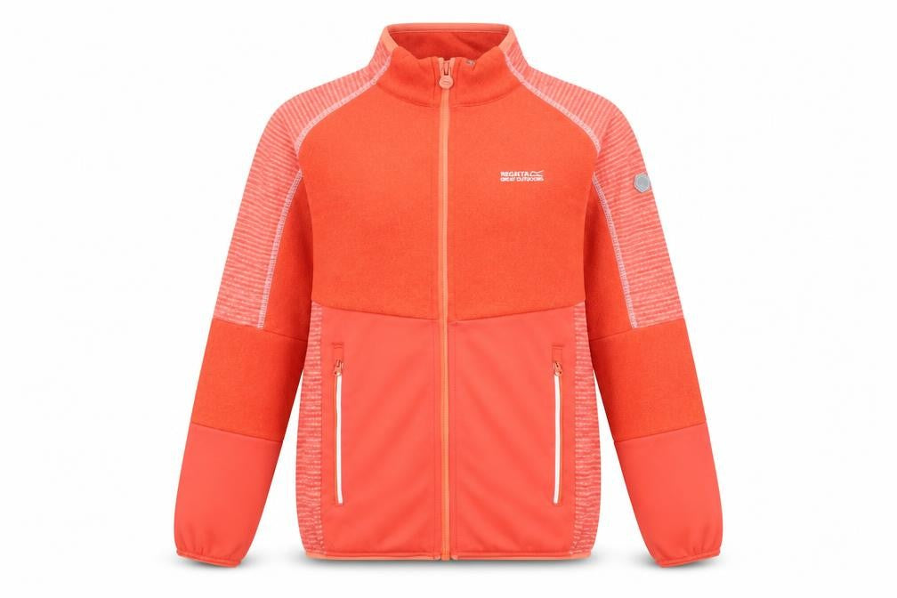 Front view of Regatta girls’ orange soft shell full zip lightweight jacket 14 years