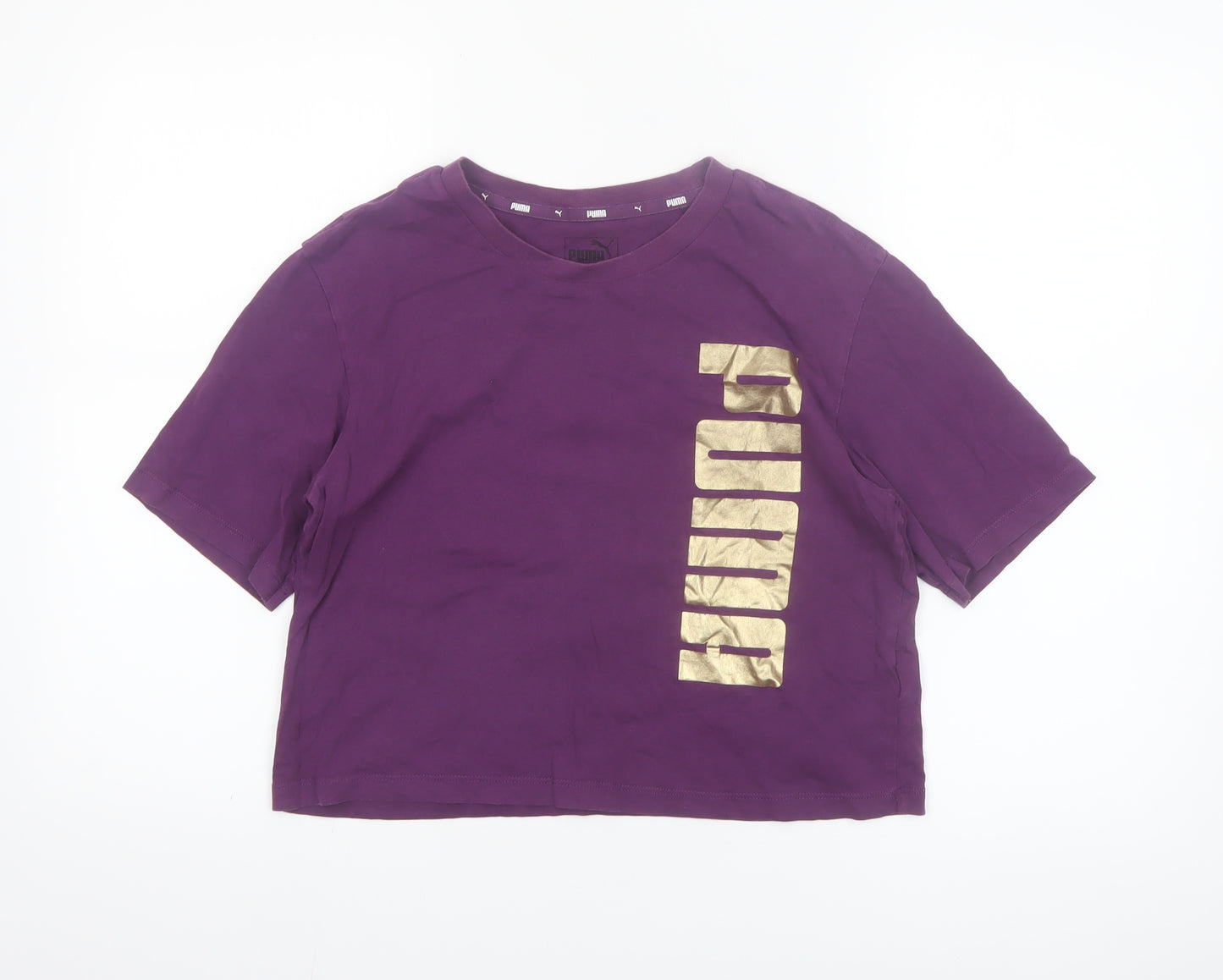 Puma Womens Purple Cropped T-Shirt Size S Casual Logo Tee
