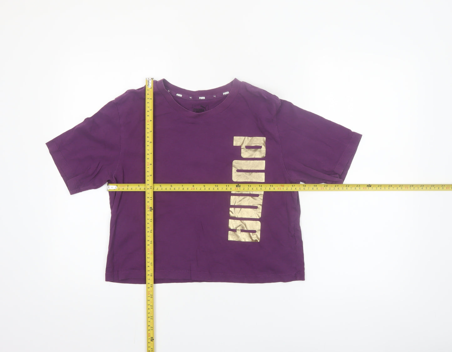 Puma Womens Purple Cropped T-Shirt Size S Casual Logo Tee