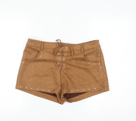 Primark Women Brown Faux Suede Studded Lace Up Hot Pants Shorts Size 12