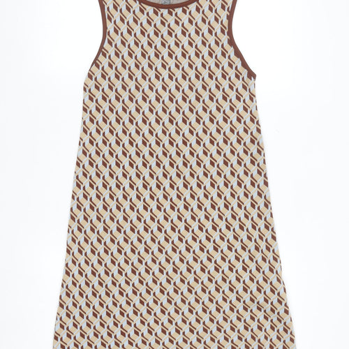 Primark Women’s Brown Geometric Shift Dress Size 10-12 Sleeveless Knit Retro