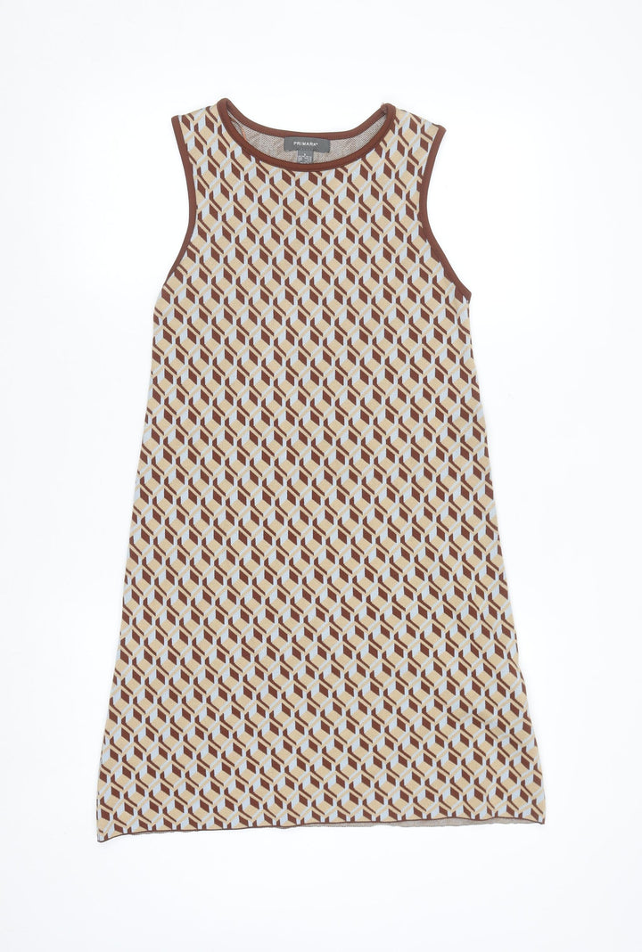 Primark Women’s Brown Geometric Shift Dress Size 10-12 Sleeveless Knit Retro