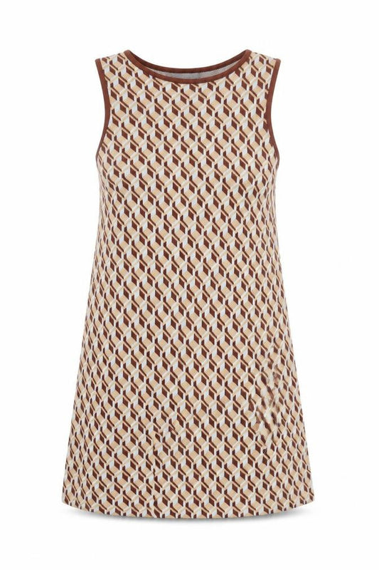 Front view of Primark Women’s Brown Geometric Shift Dress, size UK 10-12, Sleeveless Knit Retro