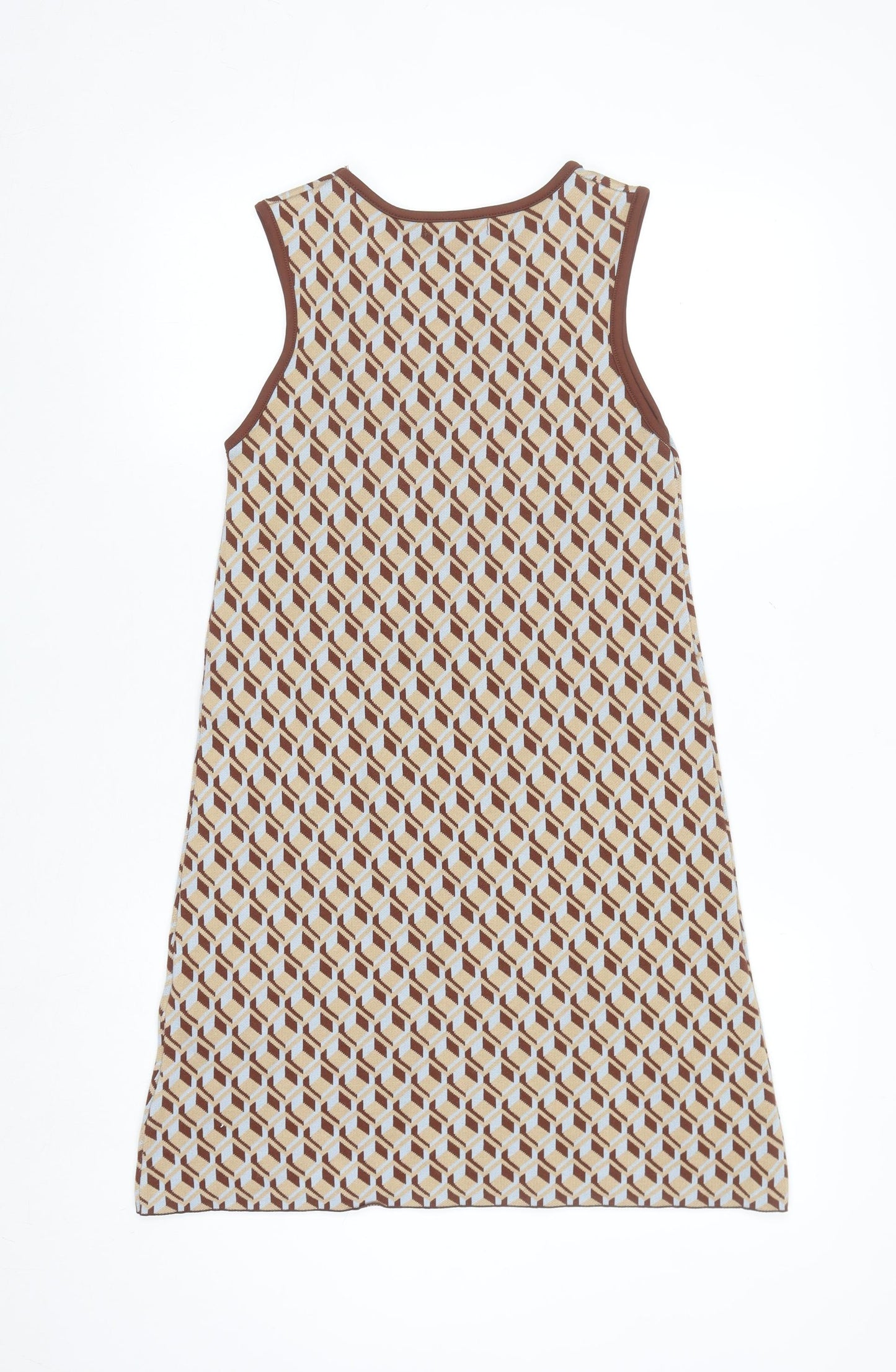 Primark Women’s Brown Geometric Shift Dress Size 10-12 Sleeveless Knit Retro