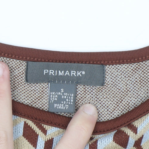 Primark Women’s Brown Geometric Shift Dress Size 10-12 Sleeveless Knit Retro