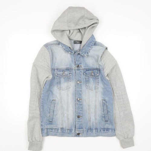 Primark Men Blue Denim Jacket Hooded Grey Sleeves Size S